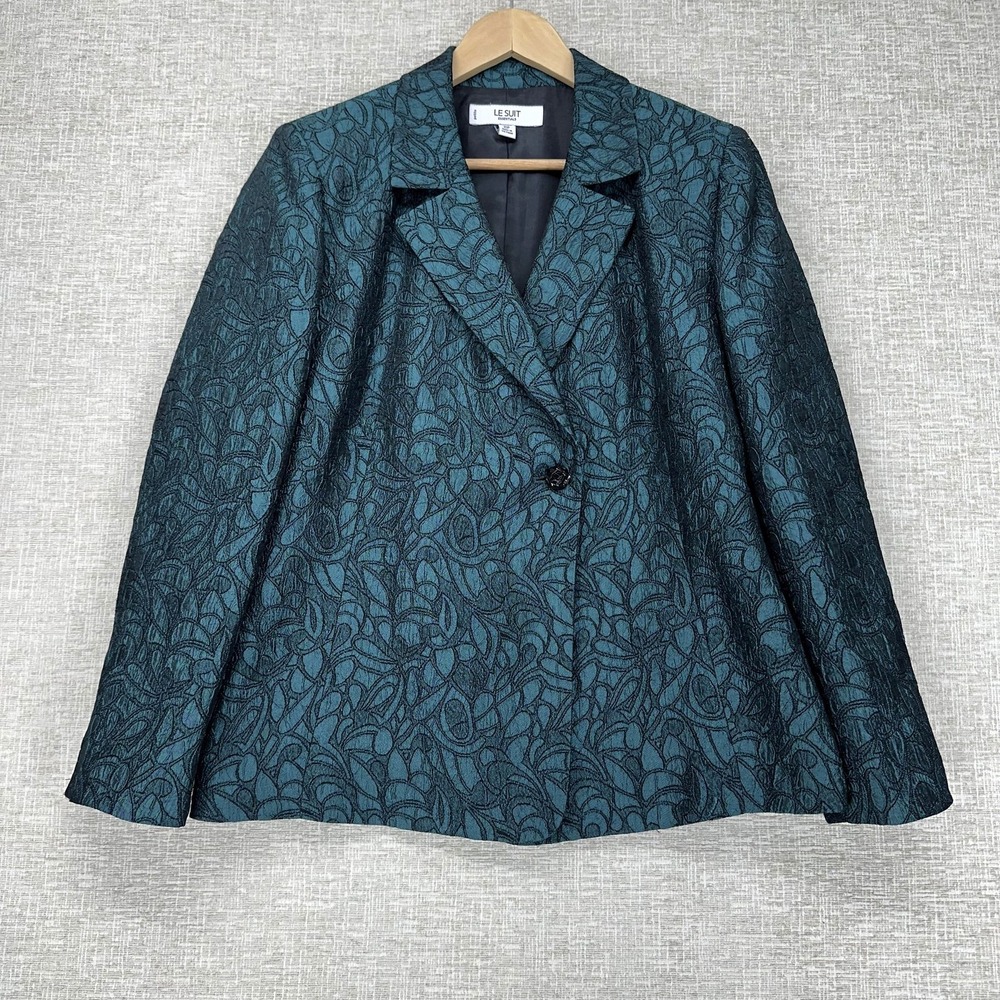 Le Suit‎ Blazer Jacket Womens 10P Green Paisley Jacquard One Button Lined
